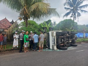 Rem Blong-Sopir Banting Setir, Truk Boks Terguling di Gianyar