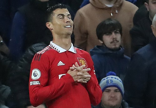 LIVERPOOL, ENGLAND - OCTOBER 09: Cristiano Ronaldo of Manchester United celebrates scoring their second goal during the Premier League match between Everton FC and Manchester United at Goodison Park on October 09, 2022 in Liverpool, England. (Photo by Tom Purslow/Manchester United via Getty Images)