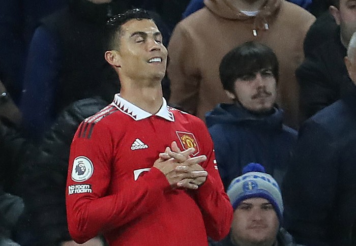 LIVERPOOL, ENGLAND - OCTOBER 09: Cristiano Ronaldo of Manchester United celebrates scoring their second goal during the Premier League match between Everton FC and Manchester United at Goodison Park on October 09, 2022 in Liverpool, England. (Photo by Tom Purslow/Manchester United via Getty Images)