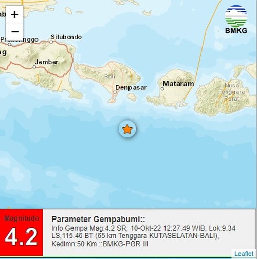 Gempa magnitudo 4,2 hari ini mengguncang Kuta Selatan, Kabupaten Badung, Bali sekitarnya pukul 12:27:49 WIB atau 13:27:49 Wita, Senin, 10 Oktober 2022.