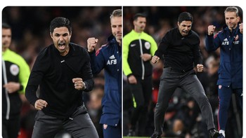 Reaksi Mikel Arteta ini mewakili kegembiraan semua fans Arsenal. Foto: Twitter