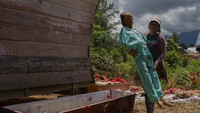 Kerabat mengangkat jenazah keluarganya yang telah diganti pakaiannya saat ritual Manene di Lembang Ampang Batu, Kabupaten Toraja Utara, Sulawesi Selatan. Jenazah-jenazah tersebut kemudian dijemur dan dibersihkan. Keluarga menyiapkan pakaian favorit almarhum semasa hidupnya, juga beberapa lembar kain pembungkus atau selimut untuk membungkus jenazah yang telah hancur atau lapuk.