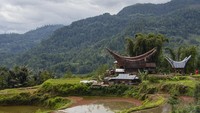 Tampak perkampungan Lembang tempat ritual Manene di Lembang Ampang Batu, Kabupaten Toraja Utara, Sulawesi Selatan. Udara dingin pegunungan masih terasa menembus hingga ke tulang meskipun di bawah terik matahari. Sejumlah kerabat almarhum Bura berkumpul di dekat kuburan keluarga berbentuk rumah (Patane).   