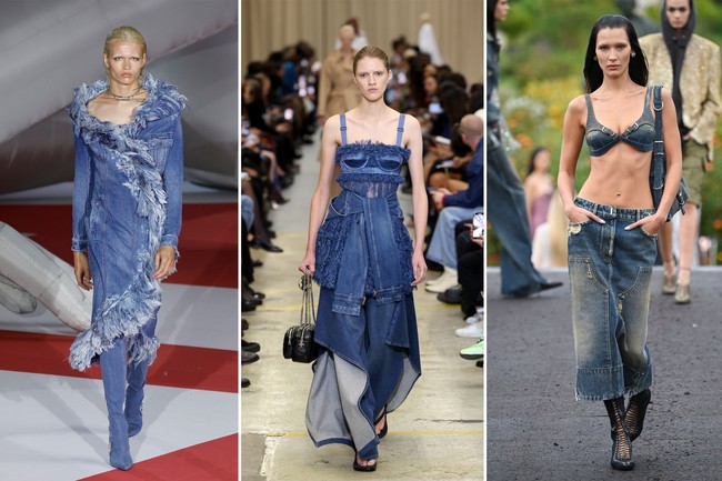Glamorous denim. Diesel, Burberry, dan Givenchy menyertakan denim untuk pilihan cocktail dress yang siap menemani momen glamor pemakainya. (Foto: Getty Images)