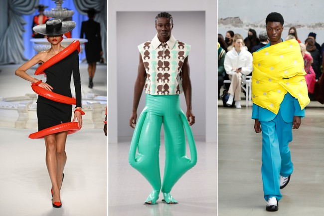 Time to blown away. Bereksperimen dengan material yang tak biasa menjadi pendekatan para desainer dan label seperti Moschino, Harri, dan Botter untuk tren Spring 2023. Mereka kompak mengaplikasikan bahan yang dapat digelembungkan (inflatable) untuk koleksi busana siap pakai. (Foto: Getty Images)