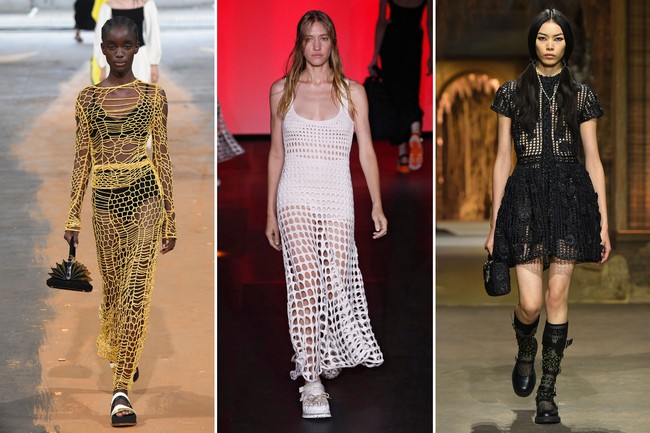 Safety nets. Gabriela Hearst, Chloe, dan Dior menonjolkan keindahan tubuh wanita dengan menghadirkan variasi busana bermaterial mesh atau jaring dalam potongan yang feminin. (Foto: Getty Images)