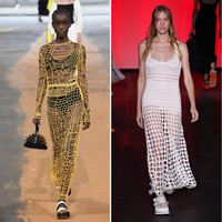 Safety nets. Gabriela Hearst, Chloe, dan Dior menonjolkan keindahan tubuh wanita dengan menghadirkan variasi busana bermaterial mesh atau jaring dalam potongan yang feminin. (Foto: Getty Images)