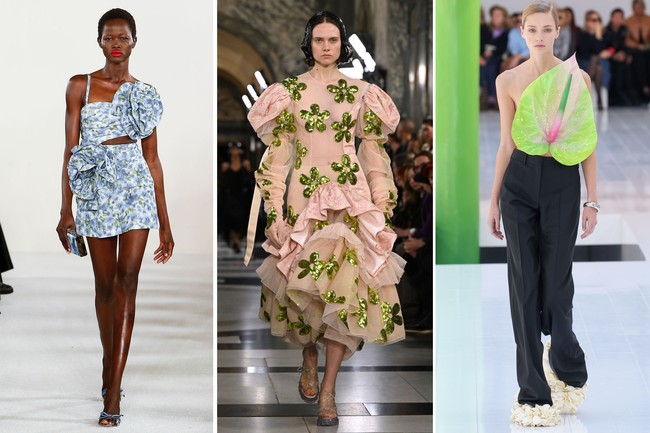 Florals to the next level. Bukan musim semi namanya tanpa bunga. Namun, Carolina Herrera, Simone Rocha, dan Loewe memvisualisasikan elemen klasik ini dengan cara yang tak biasa. (Foto: Getty Images)