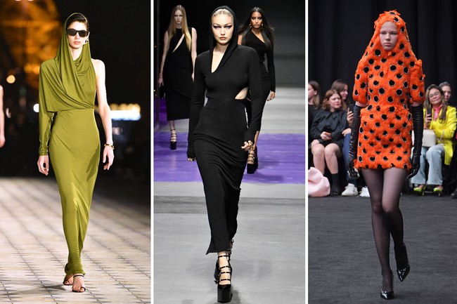 Extra protection. Richard Quinn, Versace, dan Saint Laurent mengirim para modelnya dalam balutan gaun yang dilengkapi hoodie atau semacam penutup kepala. Para hijabers mungkin bisa melirik tren ini. (Foto: Getty Images)