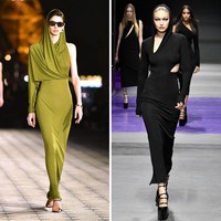 Extra protection. Richard Quinn, Versace, dan Saint Laurent mengirim para modelnya dalam balutan gaun yang dilengkapi hoodie atau semacam penutup kepala. Para hijabers mungkin bisa melirik tren ini. (Foto: Getty Images)