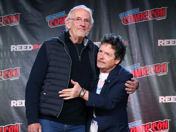 NEW YORK, NEW YORK - OCTOBER 08: Actors Christopher Lloyd (L) and Michael J. Fox attend a 