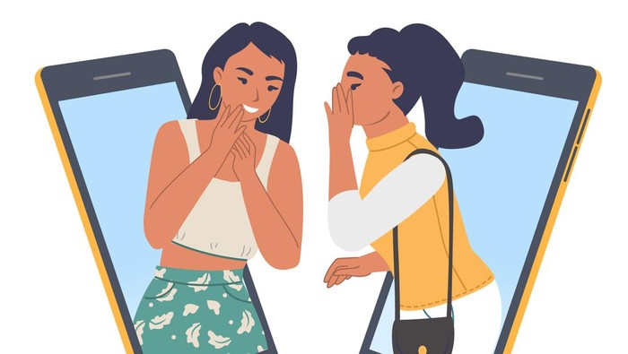 Two girls whispering talking to each other on mobile phone, communicating online, flat vector illustration. Young women gossiping, spreading rumors, telling secrets online.