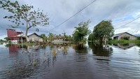 Tingginya curah hujan yang mengguyur Desa Sedahan Jaya pada Sabtu (8/10/2022) hingga Minggu (9/10/2022) mengakibatkan banjir di daerah tersebut. ANTARA FOTO/Danang Prasetyo