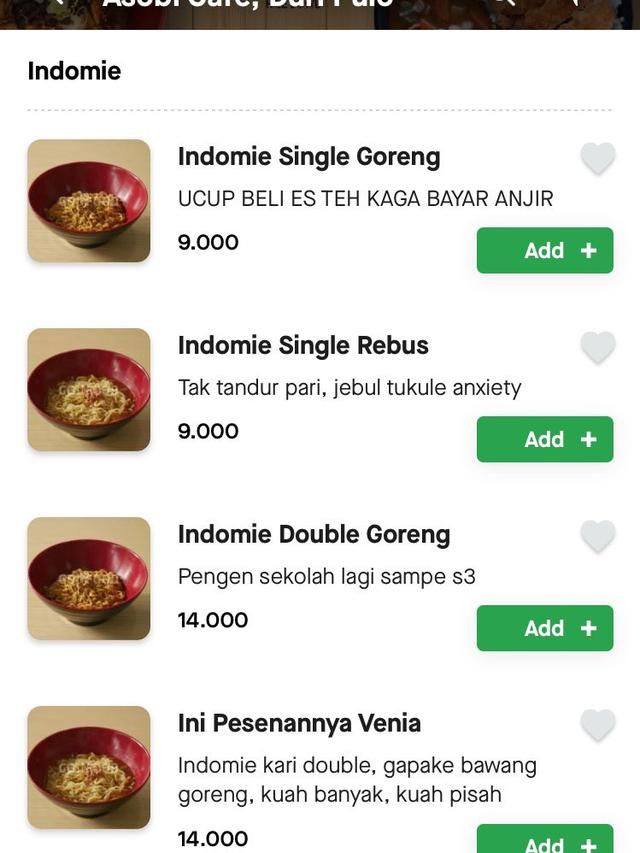 Nama menu kocak di aplikasi ojol