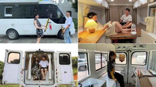 Meski belum menikah, Zhang Xi dan kekasihnya, Hu Anyuan, memutuskan untuk hidup bersama. Namun, kediaman mereka bukan seperti rumah pada umumnya karena mereka tinggal di sebuah karavan. (Foto: Twitter)
