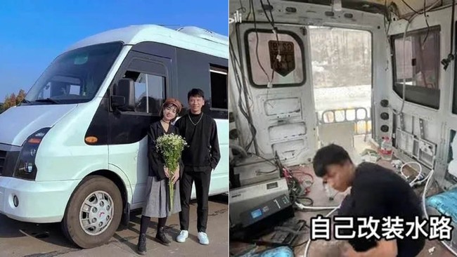 Berasal dari Wuhan, Zhang Xi dan Hu Anyuan hijrah ke Shenzhen pada Juli lalu karena pekerjaan. Harga sewa apartemen yang tinggi memaksa mereka untuk memutar otak mencari alternatif. Tinggal di sebuah karavan lantas menjadi solusi.  (Foto: Twitter)