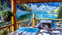 Jauh dari kesan modern, kafe ini berdiri di sebuah kabin kayu sederhana. Di bagian belakang kafe terdapat meja yang menghadap langsung di danau. Foto: Pool/Site
