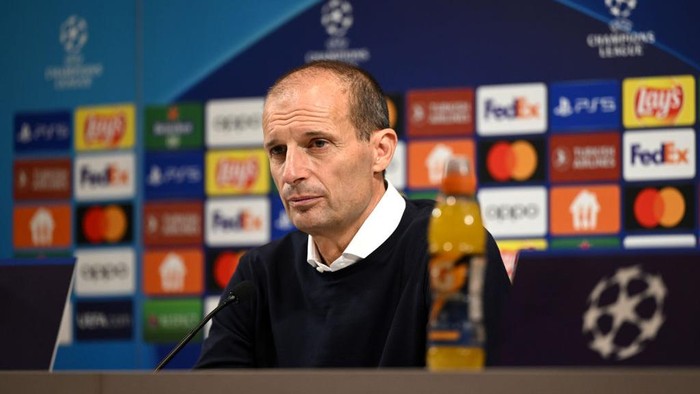 HAIFA, ISRAEL - OCTOBER 11: Massimiliano Allegri, Head Coach of Juventus, speaks to the media after the final whistle of the UEFA Champions League group H match between Maccabi Haifa FC and Juventus at Sammy Ofer Stadium on October 11, 2022 in Haifa, Israel. (Photo by Tullio Puglia - UEFA/UEFA via Getty Images)