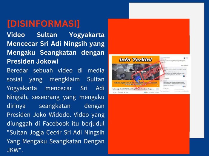 Dinas Kominfo DIY memastikan video bernarasi Sultan mencecar orang yang mengaku seangkatan dengan Presiden Jokowi adalah hoax, Kamis (13/10/2022).