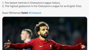 Mohamed Salah memecahkan rekor hattrick tercepat di Liga Champions. Dia juga pecahkan rekor pencetak gol terbanyak di Liga Champion dari klub Inggris. Foto: (Twitter)