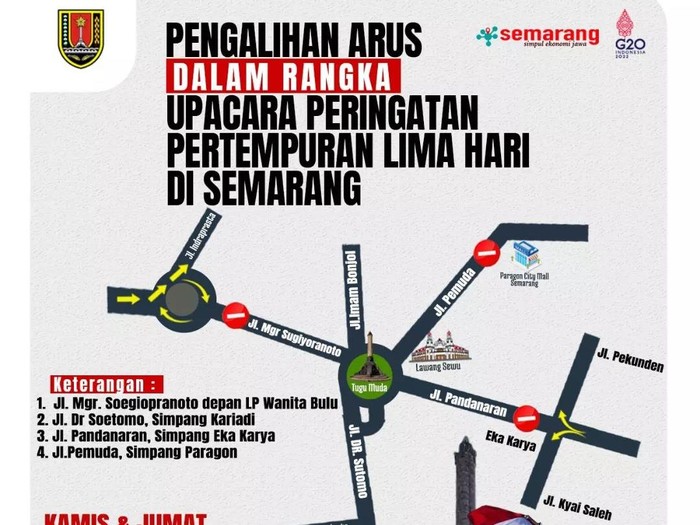 Tangkapan layar pengalihan aru di kawasan Tugu Muda Semarang.