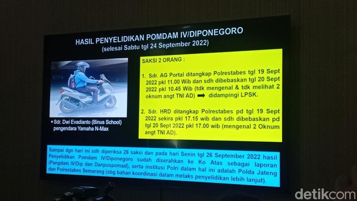 Pomdam Diponegoro beberkan hasil penyelidikan dugaan keterlibatan 2 anggota TNI terkait pembunuhan mutilasi PNS Kota Semarang, Kamis (13/10/2022).