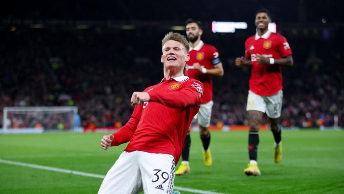 MANCHESTER, ENGLAND - OCTOBER 13: Scott McTominay of Manchester United celebrates after scoring their teams first goal during the UEFA Europa League group E match between Manchester United and Omonia Nikosia at Old Trafford on October 13, 2022 in Manchester, England. (Photo by Clive Brunskill/Getty Images)