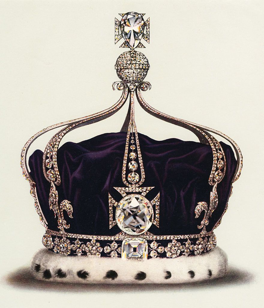 Vintage illustration of the State Crown of Queen Mary, Consort of George V, part of the Crown Jewels of England (chromolithograph), 1919. The crown contains 2,200 diamonds, including the famous Koh-i-Noor, Cullinan III and Cullinan IV gems. (Photo by GraphicaArtis/Getty Images)