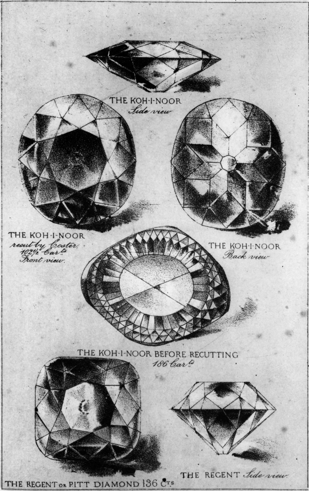 circa 1860:  The Koh-i-Noor and Regent or Pitt diamonds seen from different angles.  (Photo by Hulton Archive/Getty Images)