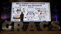 (ki-ka) Syahraki Syahrir, President of ISACA Indonesia Chapter, Fabian Wong, Global Managing Partner, Cyclone Robotics, Eddy Then, Regional Director, Diligent, Harun Al Rasyid, ISACA Indonesia Chapther Chairman GRACS 2022 and Vice President of ISACA Indonesia Chapther tengah berbincang usai berlangsungnya acara Governance, Risk Management, Assurance, and Cyber Security (GRACS), Jakarta Pusat, Rabu (12/10/2022).