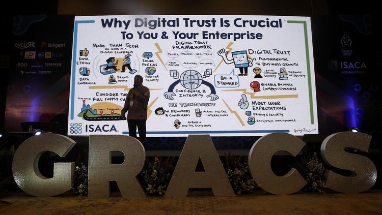 (ki-ka) Syahraki Syahrir, President of ISACA Indonesia Chapter, Fabian Wong, Global Managing Partner, Cyclone Robotics, Eddy Then, Regional Director, Diligent, Harun Al Rasyid, ISACA Indonesia Chapther Chairman GRACS 2022 and Vice President of ISACA Indonesia Chapther tengah berbincang usai berlangsungnya acara Governance, Risk Management, Assurance, and Cyber Security (GRACS), Jakarta Pusat, Rabu (12/10/2022).