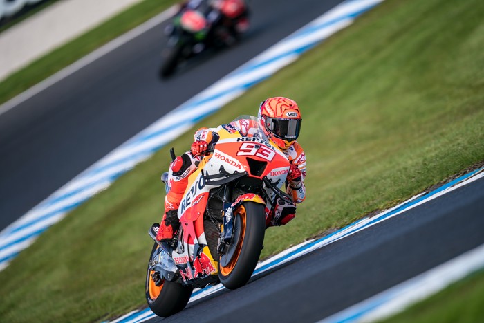 PHILLIP ISLAND, AUSTRALIA - OCTOBER 14: Marc Marquez of Spain and Repsol Honda Team rides during the free practice session of the MotoGP of Australia (Animoca Brands Australian Motorcycle Grand Prix) during free practice for the MotoGP of Australia at Phillip Island Grand Prix Circuit on October 14, 2022 in Phillip Island, Australia. (Photo by Steve Wobser/Getty Images)