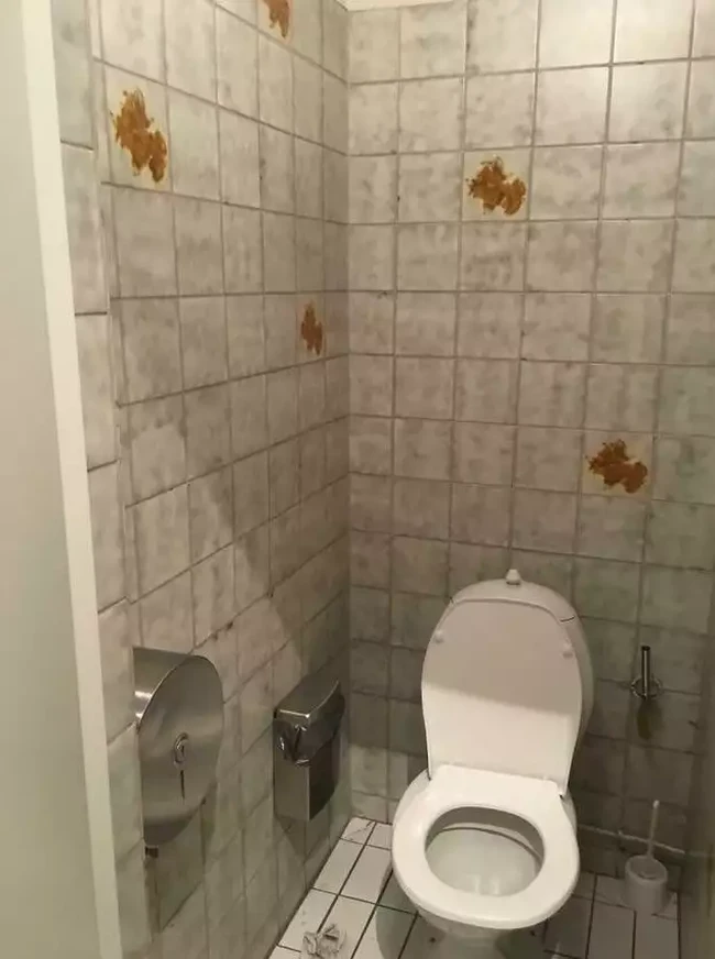 Kalau dilihat sekilas dinding toilet ini tampak kotor dengan dipenuhi noda-noda kuning. Namun jika diperhatikan lagi ternyata noda-noda tersebut merupakan bagian dari desain dindingnya, bukan karena kotor. Foto: Reddit