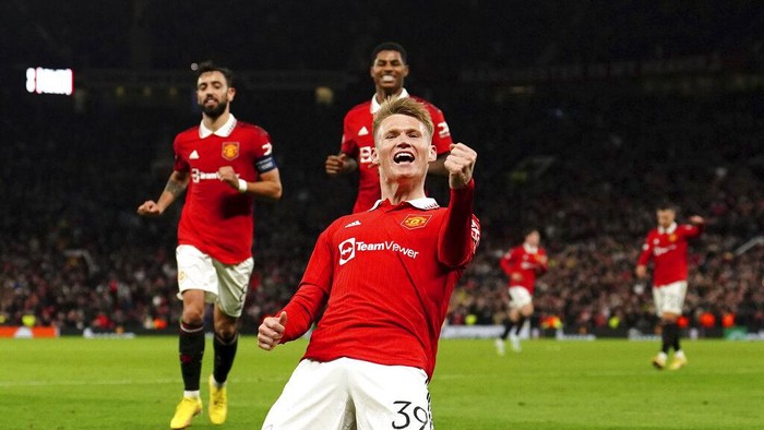 Manchester Uniteds Scott McTominay celebrates scoring a goal during a group E Europa League soccer match between Manchester United and Omonia at Old Trafford stadium in Manchester, England, Thursday, Oct. 13, 2022. (Martin Rickett/PA via AP)