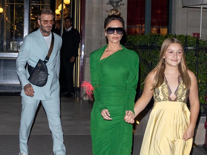 PARIS, FRANCE - SEPTEMBER 30: (L-R) David Beckham, Victoria Beckham and Harper Beckham are seen on September 30, 2022 in Paris, France. (Photo by Marc Piasecki/GC Images)