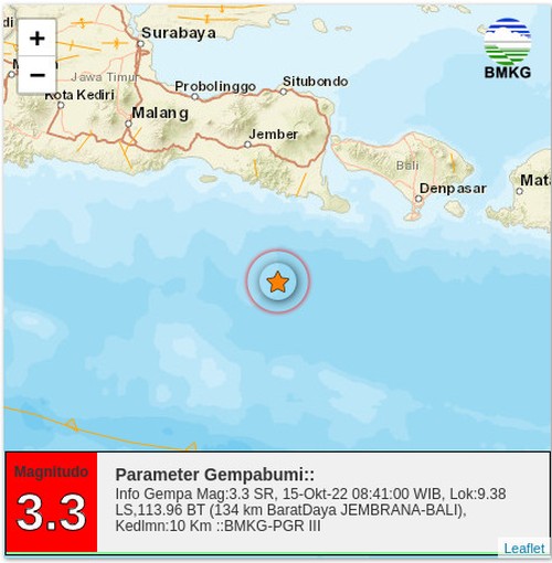 Gempa magnitudo 3,3 hari ini mengguncang Kabupaten Jembrana, Bali sekitarnya pukul 08:41:00 WIB atau 09:41:00 Wita, Sabtu, 10 Oktober 2022.