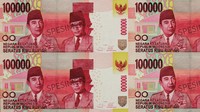 Uang Kertas Bersambung 4 Bilyet Rp 100.000 bergambar Soekarno - Hatta. Pembelian uang bersambung dapat dilakukan melalui loket kas kantor Bank Indonesia Setiap Senin pukul 08.30 – 11.30.Foto: Dok. Bank Indonesia