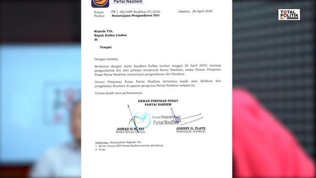 Surat persetujuan pengunduran diri Zulfan Lindan dari DPP NasDem