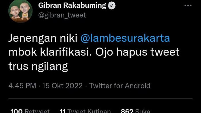 Tangkapan layar Twitter Gibran.