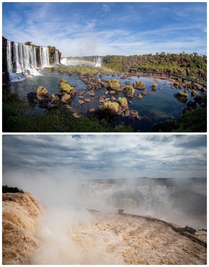 Beda 'Wajah' Air Terjun di Brasil Saat Berubah Jadi Air Bah (atas-bawah) Foto kombinasi suasana Air Terjun Iguazu di Taman Nasional Iguazu, Foz do Iguazu, Parana, Brasil, Selasa (15/6/2021) dan suasana Air Terjun Iguazu di Taman Nasional Iguazu, Foz do Iguazu, Parana, Brasil, Sabtu (15/10/2022). Air terjun Iguazu dianggap sebagai salah satu air terjun terbesar di dunia.