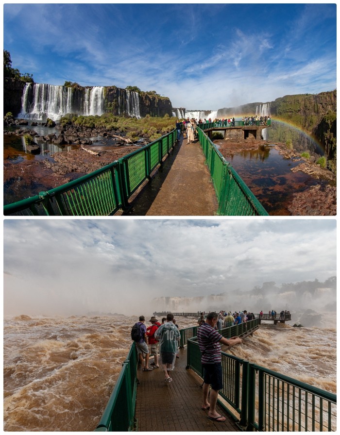 (atas-bawah) Foto kombinasi suasana Air Terjun Iguazu di Taman Nasional Iguazu, Foz do Iguazu, Parana, Brasil, Selasa (15/6/2021) dan suasana Air Terjun Iguazu di Taman Nasional Iguazu, Foz do Iguazu, Parana, Brasil, Sabtu (15/10/2022).