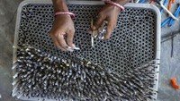 Pekerja membuat petasan untuk Festival Hindu Diwali.