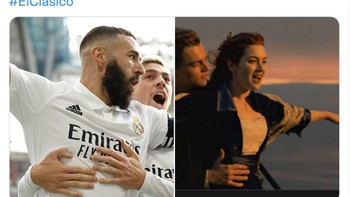 Akun resmi Real Madrid memajang meme Karim Benzema dan Valverde menirukan adegan film Titanic. Foto: Twitter
