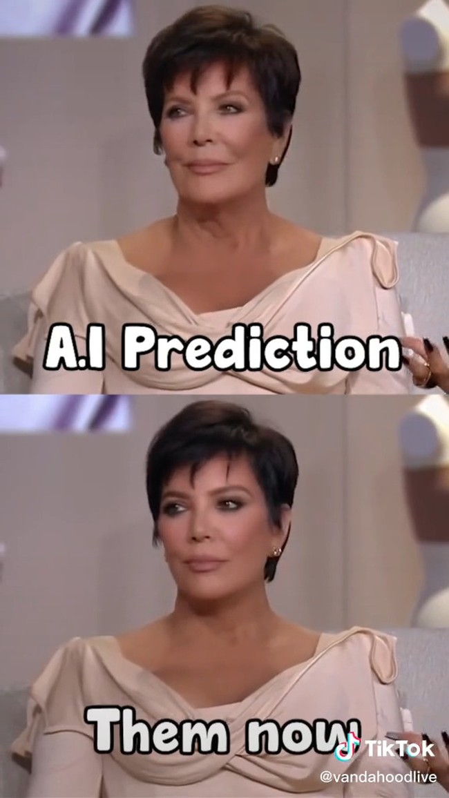 Ibu mereka, Kris Jenner, juga tak luput dari perhatian publik. Tak seperti orang-orang seusianya, Kris memang tampak menawan dan awet muda dengan wajah kencang. Bagaimana dengan versi prediksi AI? Foto: TikTok @vandahoodlive