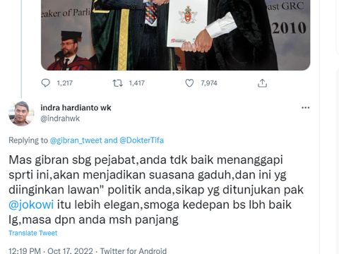 Walkot Solo Gibran Rakabuming dikritik usai komentari foto wisuda. Foto diambil Senin (17/10/2022).