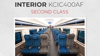 Second Class kereta cepat Jakarta-Bandung ini memiliki kapasitas 555 penumpang. Konfigurasi tempat duduknya 3-2. Material tempat duduknya menggunakan bahan suede dan motif print batik Mega Mendung. Warna yang dipilih adalah biru dan abu-abu. Foto: PT KCIC