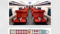 Ini adalah tampilan First Class dari kereta cepat Jakarta-Bandung. Kursinya mengusung konfigurasi 2-2 dengan material faux leather dan finishing motif laser cut batik Mega Mendung. Sementara nuansa yang dipilih adalah warna merah cerah. First Class ini bisa diisi oleh 28 penumpang. Foto: PT KCIC