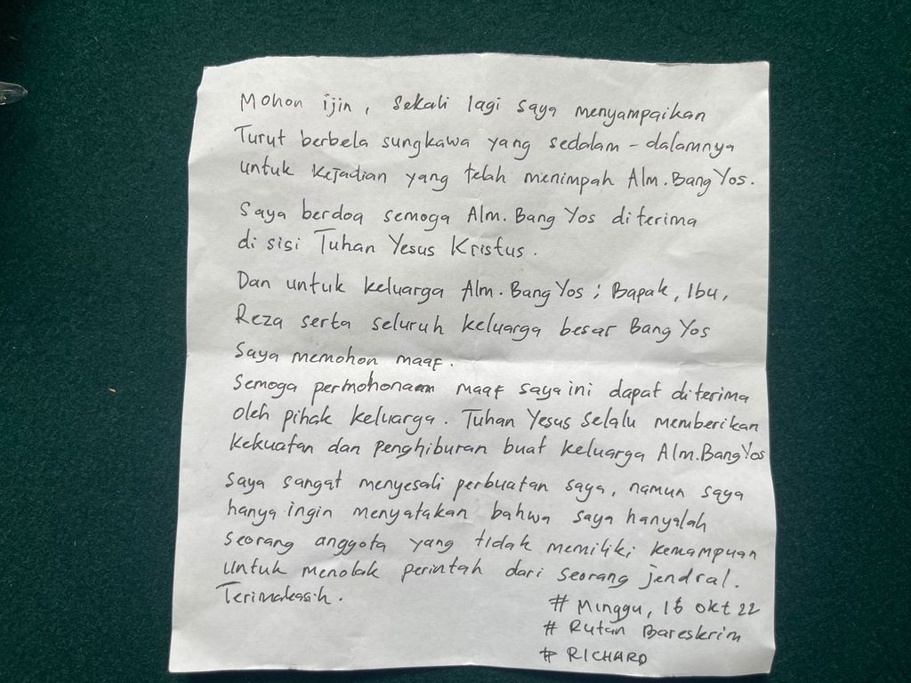 Isi Surat Bharada E Permintaan Maaf untuk Keluarga Brigadir J