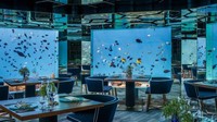Tidak hanya wisata pantainya saja, di Maldives ada sebuah restoran bernama Anantara yang dibangun di bawah laut. Kaca-kaca besar sebagai dindingnya membuat para pelanggan bisa merasakan sensasi makan ditemani hiu. Foto: Trip Advisor