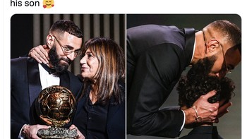 Benzema langsung memeluk ibunya dan anaknya usai meraih Ballon dOr. Foto: Twitter